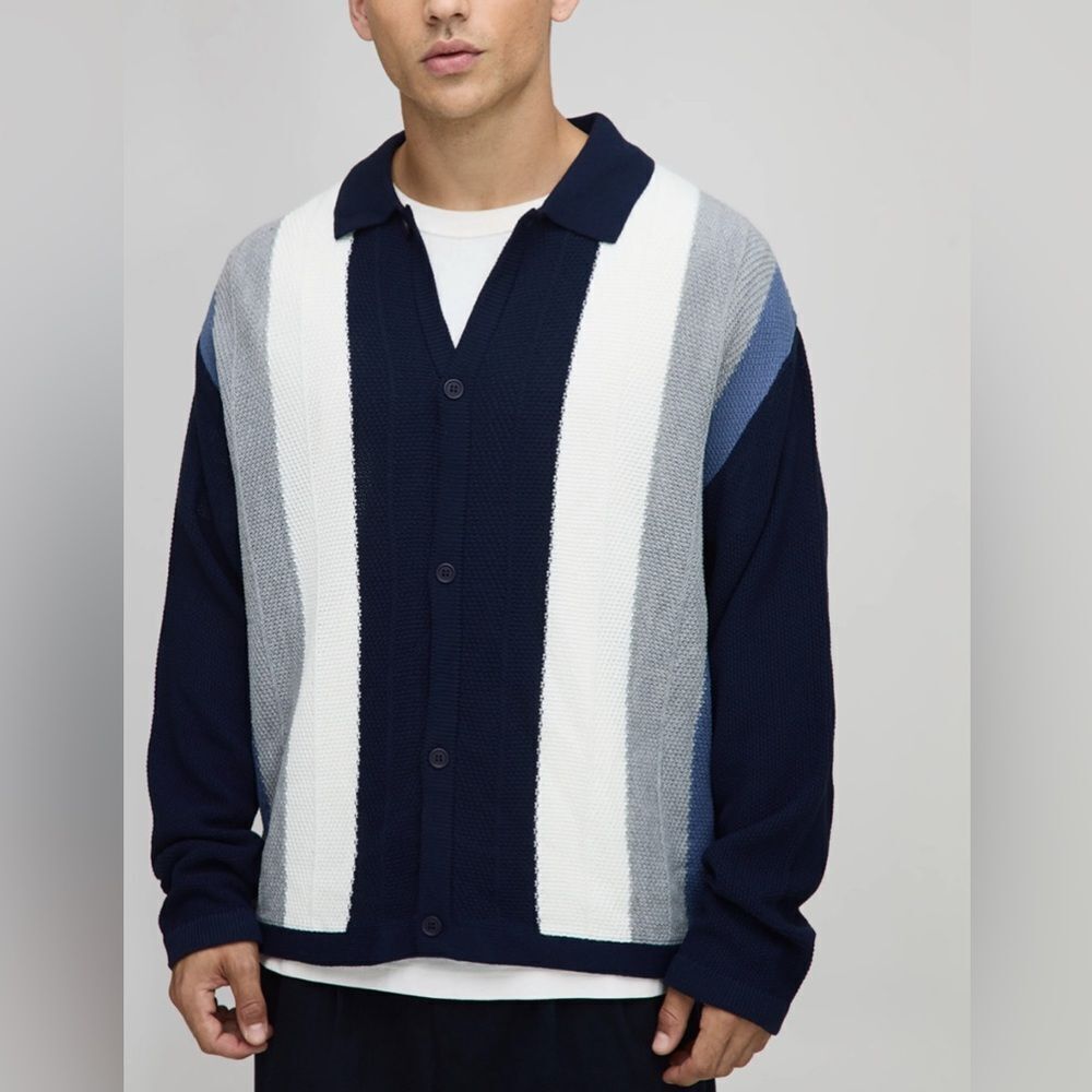 BoohooMAN Oversized Boxy Colour Block Knitted LS Shirt Navy XL NWT IN PKG